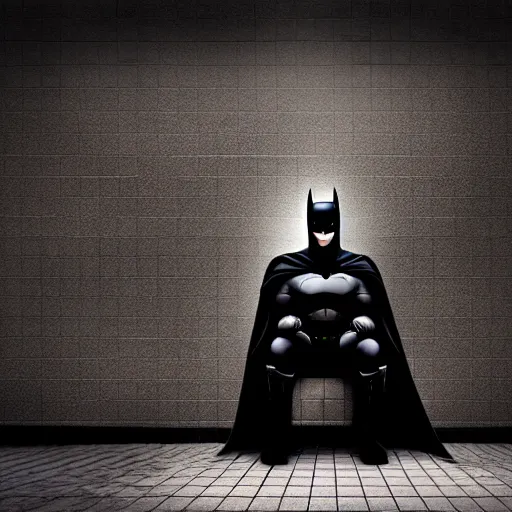 Image similar to low - angle shot of batman sitting on a toilet, dirty tiles in the wall, claustrophobic room, digital art, dramatic lights, realistic, very very detailed, 4 k, dark colours