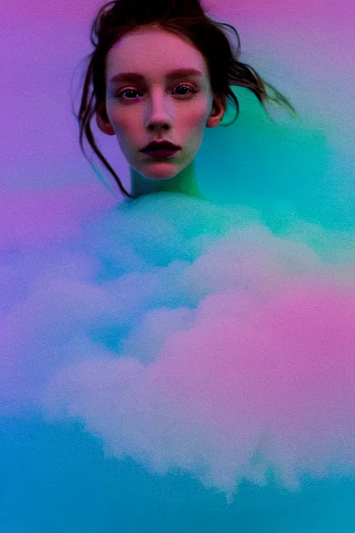 Image similar to high quality pastel coloured film close up wide angle photograph of a model wearing clothing swimming on cloud furniture in a icelandic black rock!! environment in a partially haze filled dreamstate world. three point light, rainbow. photographic production. art directed. pastel colours. volumetric clouds. pastel gradient overlay. waves glitch artefacts. extreme facial clarity. 8 k. filmic.