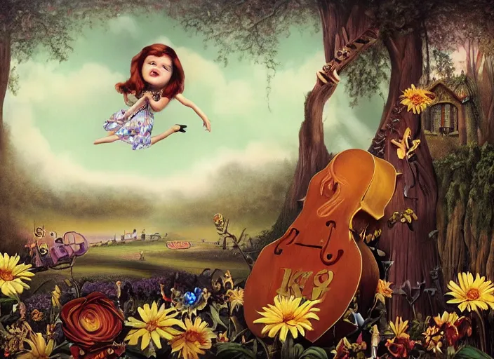 Prompt: 🌻🎹🎼, lowbrow in the style of brad parker and mark ryden and salvador dali, 8 k, matte painting,