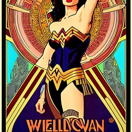 Image similar to angelina jolie as wonder woman, mucha style, symetrical art deco poster illustration highly detailed,