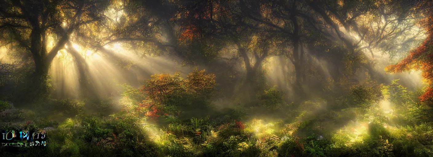 Prompt: photograph of enchanted garden, mist with rays of light by marc adamus, highly detailed, intricate detail, cinematic lighting