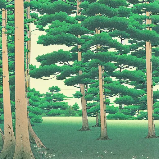 Prompt: coniferous forest, summer, Hasui Kawase.