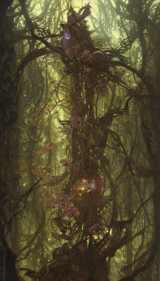 Image similar to spaceship concept art, lush forest, magic, gnarly details, gold, gems, dramatic lighting, denoised, painted by tom bagshaw, alphonse mucha