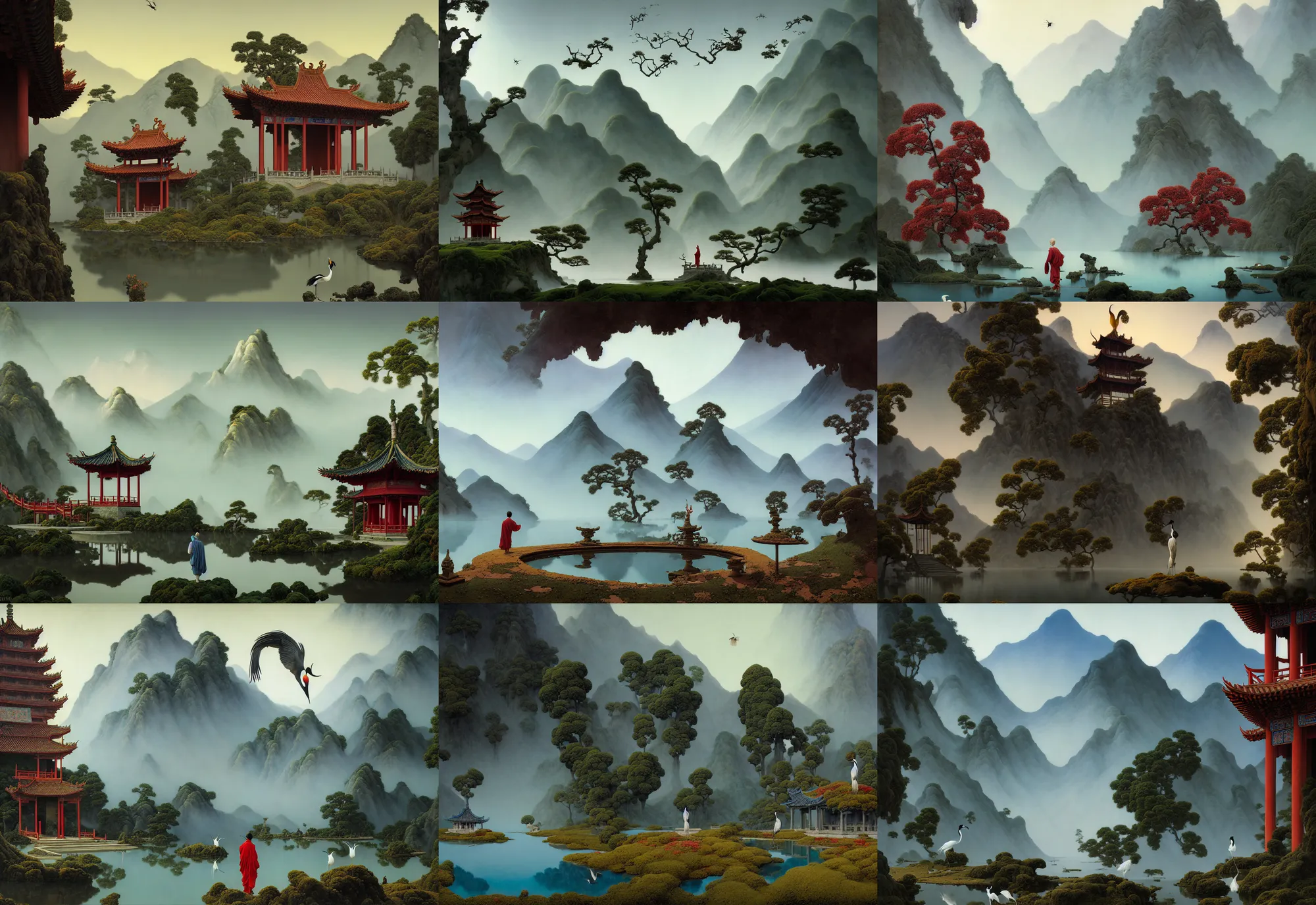 Prompt: a gorgeous landscape painting by barlowe wayne, maxfield parrish and marco mazzoni. an abandoned chinese temple. red - crowned cranes are flying through the clouds and mist among the mountains. birds. a lonely chinese grey blue monk walks on the winding stone steps, 3 d, octane render, turbulent blood lake, 8 k.