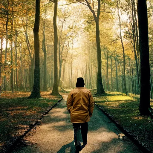 Image similar to 1 9 9 0 s candid 3 5 mm photo of a beautiful forest in tokyo, cinematic lighting, cinematic look, golden hour, the clouds are epic and colorful with cinematic rays of light, a man walks down the center of the forest with a beanie on, photographed by petra collins, uhd