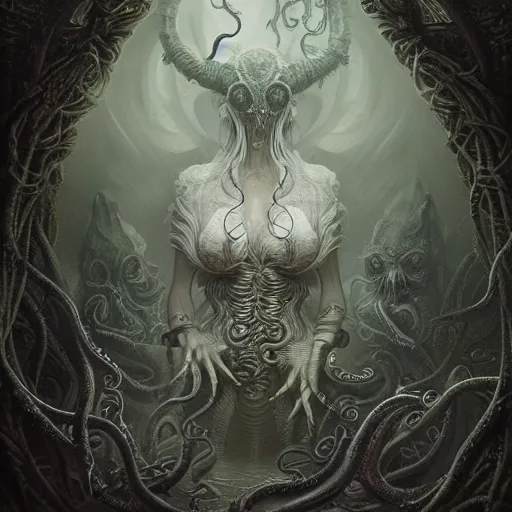 Prompt: curiosities from cthulhu, soft paint of a single curvy beautiful necromancer of madness and insanity in full mage armor, symmetry accurate features, eyeballs, vegetation tentacles, dense volumetric fog, focus, very intricate ultrafine details, gloomy colors, award winning masterpiece, tom bagshaw artstyle