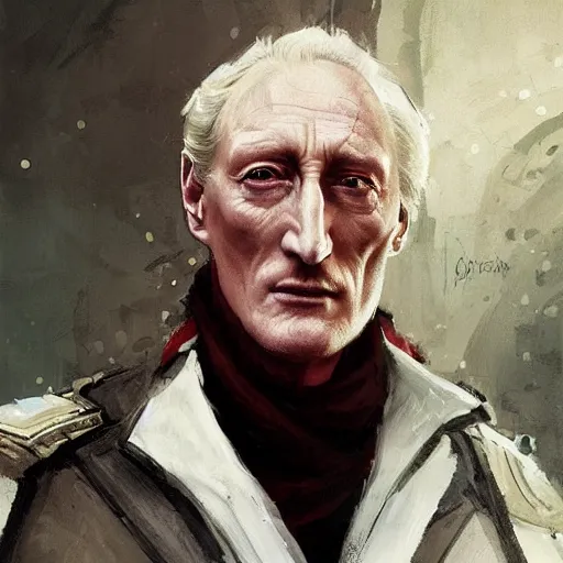 Prompt: portrait of a man by greg rutkowski, he looks like charles dance, star wars expanded universe, he is about 7 0 years old, wearing white and red chancellor clothes of the galactic triunvirate.