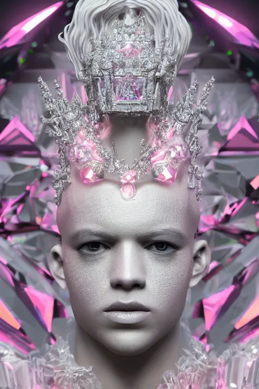 Prompt: hyper detailed ultra sharp portrait of baroque and bladerunner delicate glowing diamond sculpture of seductive muscular albino young king jose garcia, pink diamond black metallic sphinx iridescent humanoid deity wearing black cloak holding a prismatic gem, glowing pink face, crown of white diamonds, cinematic lighting, photorealistic, octane render 8 k depth of field 3 d