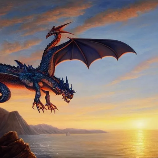 Image similar to fantastical oil painting of a large dragon flying above the sea at dawn, warm setting, sharp focus, perfect anatomy, hyper realistic, symmetrical, 4 k, highly ornate intricate details,