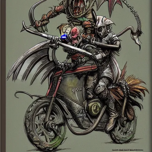 Image similar to dungeons and dragons, goblin on a motorcycle, concept art, players handbook, very detailed, mechanic, schematic, illustration, stats