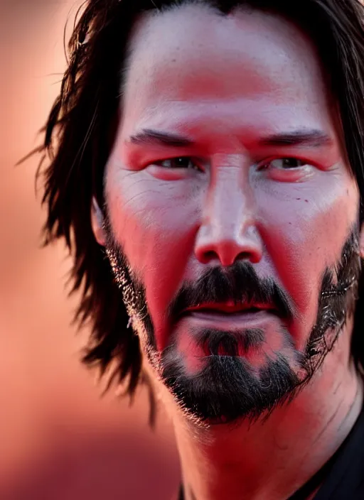 Prompt: close - up keanu reeves as a jedi, a red sand desert, moody lighting, 8 k, shallow depth of field, intricate detail,