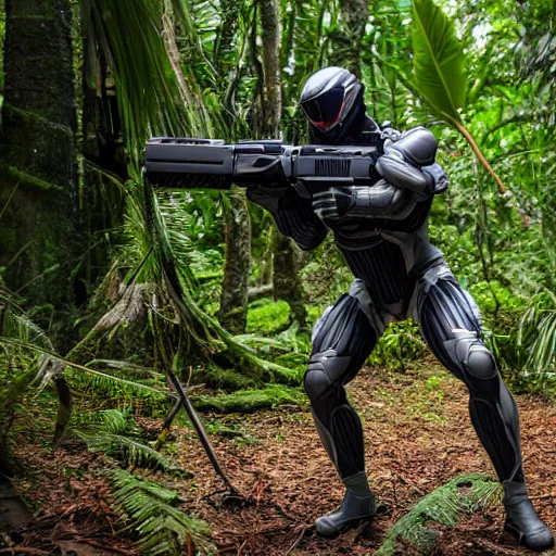 Image similar to close up Crysis Nanosuit shooting at enemies in a jungle combat photography 2022, Canon EOS R3, f/1.4, ISO 200, 1/160s, 8K, RAW, unedited, in-frame,