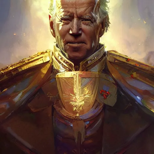 Image similar to god emperor joe biden in the style of craig mullins, greg rutkowski, peter mohrbacher, and drew struzan. epic, majestic, awe inspiring, god rays, fissures, divine, church painting, intricate armor, extreme detail, high octane,