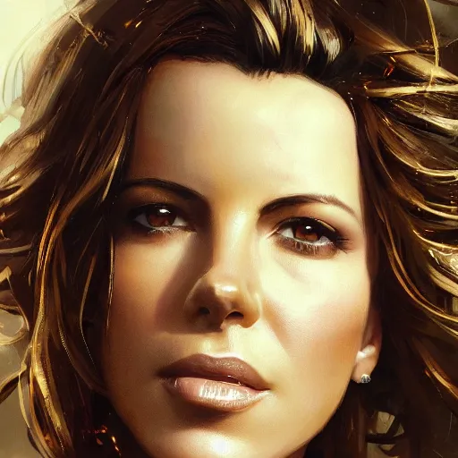 Image similar to closeup portrait of a kate beckinsale, seductive smile, soldier, army chiaroscuro, city background, golden hour, dramatic lighting, complementary contrast, high detail, painted by greg rutkowski, painted by igor kieryluk, trending on artstation