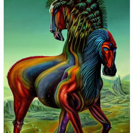 Image similar to painting of a hybrid between a horse and mandrill, in the style of wayne barlowe