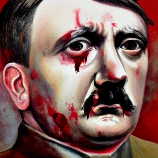 Image similar to a beautiful complex painting of adolf hitler with a bloody face face view