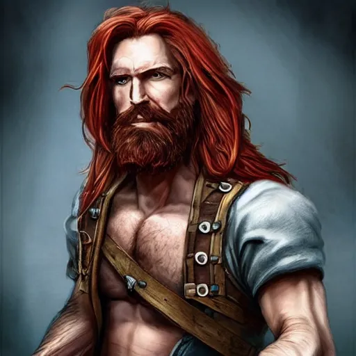 Image similar to portrait of a ruggedly handsome!!!!! male ship captain with long red hair!!!!!!, 30 years old, upper body, wavey hair, muscular, friendly, playful, D&D, hairworks, Unreal 4, fantasy, elegant, highly detailed, digital painting, hairworks, deviantart, artstation, concept art, sharp focus, dramatic lighting, illustration, art by Artgerm and Greg Rutkowski and Alphonse Mucha