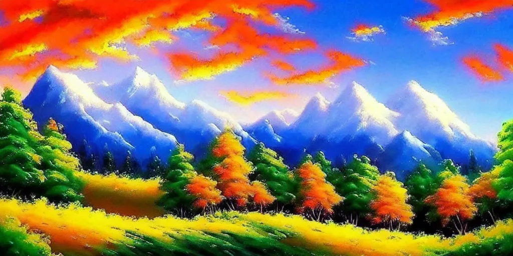 Prompt: a beautiful fantasy landscape art, orange clouds in the blue sky and green trees, snowy mountains, art by bob ross