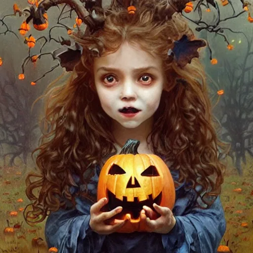 Image similar to a cute happy little girl with light brown wavy curly hair and blue eyes sitting amidst piles of halloween decor skulls and pumpkins. beautiful cute highly detailed face. spooky halloween themed painting by artgerm and greg rutkowski and alphonse mucha.