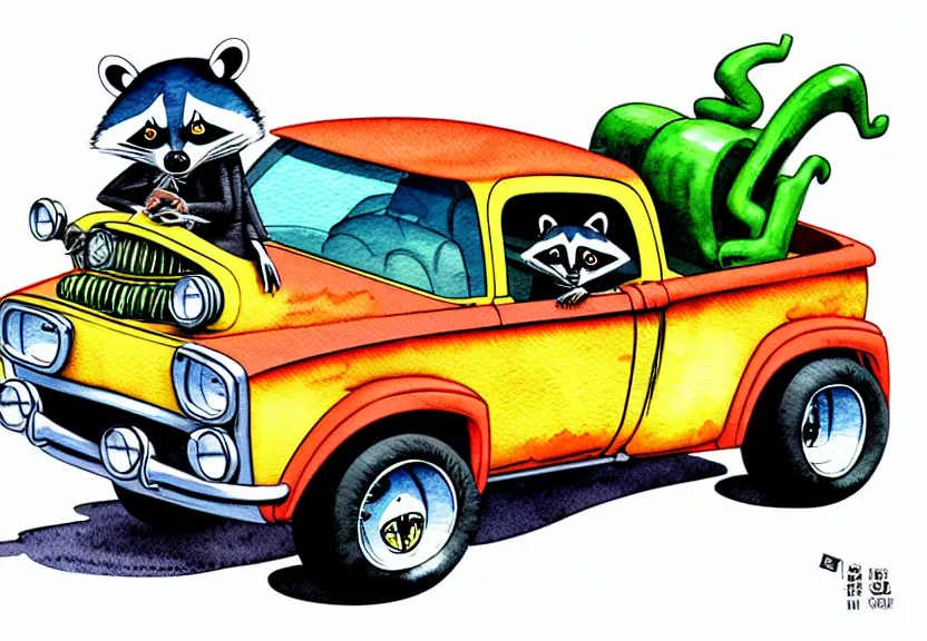 Image similar to cute and funny, racoon riding in a tiny hot rod truck with ( very ) oversized engine, ratfink style by ed roth, centered award winning watercolor pen illustration, isometric illustration by chihiro iwasaki, edited by range murata