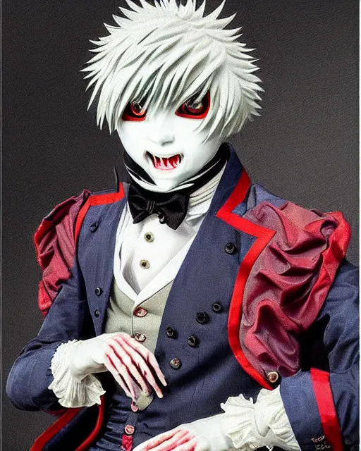 Prompt: tokyo ghoul monster ken kaneki character wearing a beautiful 1 8 th century suit with a tie, rococo style, francois boucher style, highly detailed, very realistic, painterly style