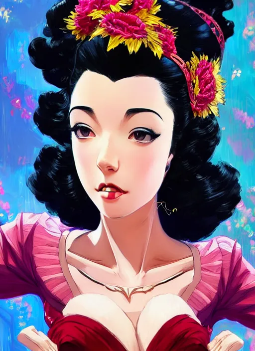 Image similar to a beautiful dancer with black hair in 1940's fashion, ballroom background, intricate, highly detailed, digital painting, artstation, official media, anime key visual, concept art, rich vivid colors, ambient lighting, sharp focus, illustration, art by Artgerm, Makoto Shinkai, Ilya Kuvshinov, Lois Van Baarle, and Rossdraws