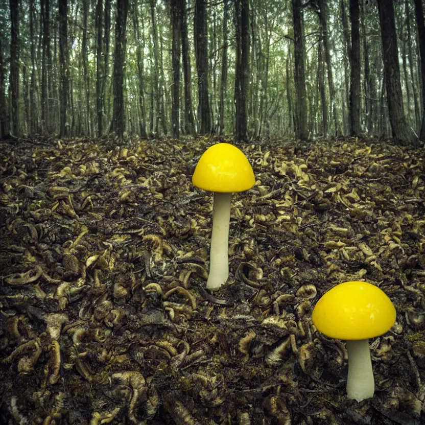 Image similar to a little yellow mushroom in a moody dreamy forest