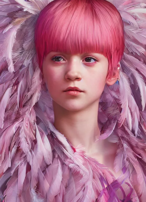 Image similar to beautiful little girl with an pink eccentric haircut wearing an dress made of feathers dancing on stage, artwork made by ilya kuvshinov, inspired in donato giancola, hd, ultra realistic, reflection, flowers, light, realistic face, bird, trending on pixiv, 8 k, ray tracing