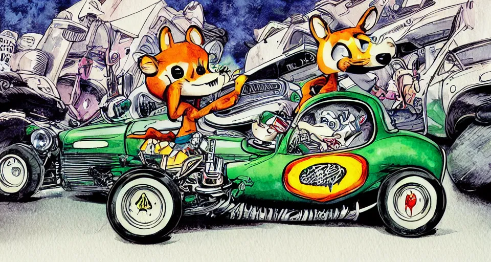 Image similar to funny, comic book style, racoon riding in a tiny hot rod coupe with oversized engine, ratfink style by ed roth, centered award winning watercolor pen illustration, by chihiro iwasaki, edited by range murata