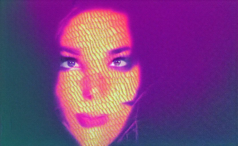 Image similar to vhs glitch art portrat of a woman hidden underneath a sheet, static colorful noise glitch, 1 9 8 0 s