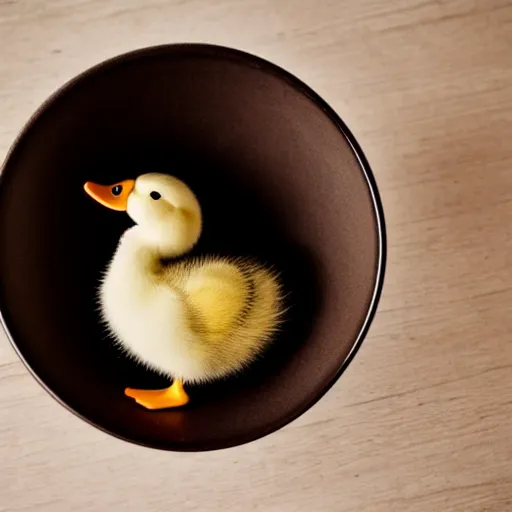 Prompt: cute duckling in a small porcelain bowl, photography, minimalistic, 8 k