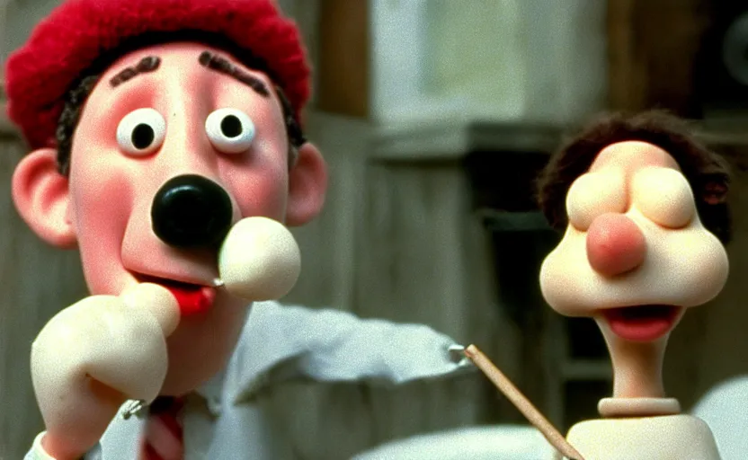 Prompt: Wallace smoking crack from a crack pipe in a still from the short movie A Grand Day Out (1989), Wallace and Gromit, Aardman Animations, claymation, 4k, high quality