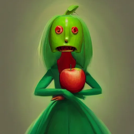 Image similar to a digital painting of a anthropomorphic humanoid green apple with a human face wearing a red dress, by netter, style from greg rutkowski, googly eyes, full frame, oil painting, featured artstation, concept art, smooth, sharp focus, illustration, ambient lighting