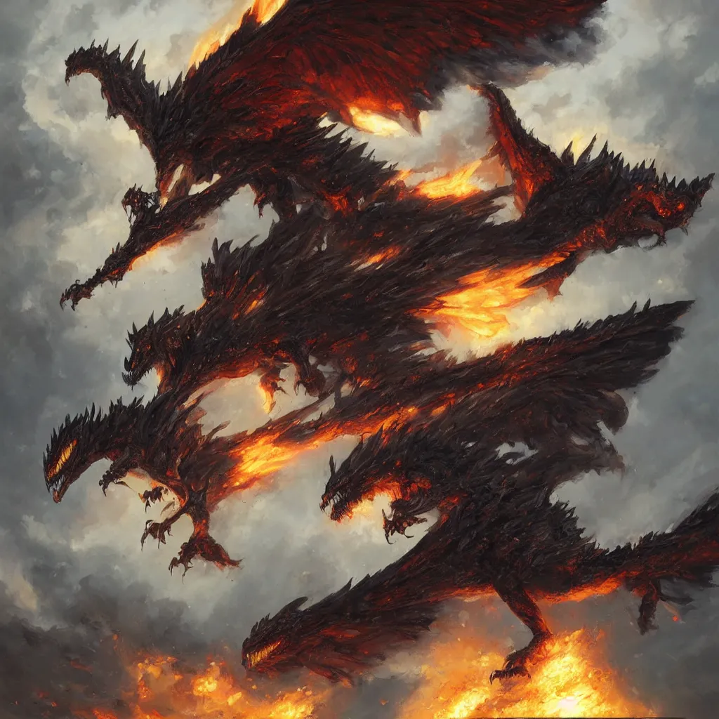 Image similar to oil painting of deathwing dragon flying down on earth by greg rutkowski