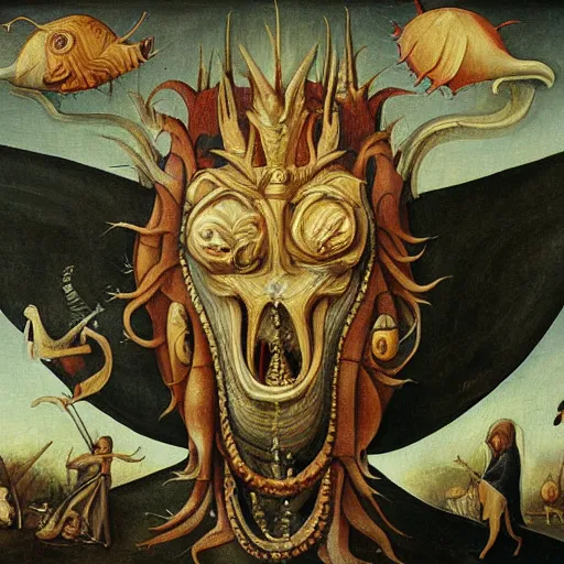 Prompt: Highly detailed painting of the God C'thulhu in the style of Hieronimus Bosch