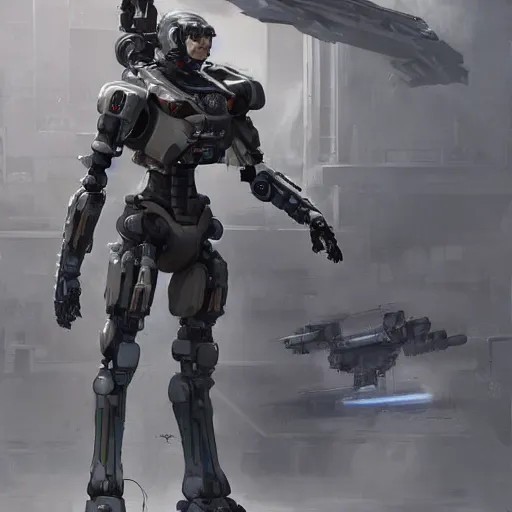 Prompt: full body shot of a mech soldier holstering his rifle, Art Station, concept art, cinematic, 8k, Pinterest, cgsociety, hyper detailed, ultra realistic, illustration, epic, high resolution, post processing, high quality, sci fi, robot, sharp, futuristic, military, Deviant Art, Trending on Artstation, art by Yi Yang artstation + StTheo + Alan Van Ryzin,