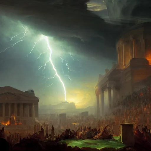 Prompt: Capitol Riot lead by marmots painted by Thomas Cole with dramatic lightning, concept art, matte painting, 8k, highly detailed, artstation