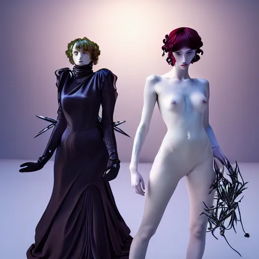 Prompt: 3 Figures as Winter Spirits, style is a blend of Æon Flux, Botticelli, and John Singer Sargent, inspired by pre-raphaelite paintings, shoujo manga, and Japanese city street fashion, dark and moody colors, hyper detailed, super fine inking lines, 4K extremely photorealistic, unreal engine 5, Arnold render