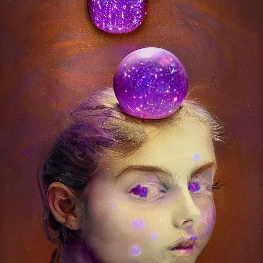 Image similar to a girl with three eyes : : on 5 translucent luminous spheres, full of floral and berry fillings, in an ocean of lavender color by rene margitte