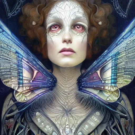 Image similar to beautiful closeup portrait of an art deco witch, glowing eyes. reflective detailed textures, moth wings, highly detailed dark fantasy science fiction painting by tom bagshaw and michael whelan and diego rivera and annie swynnerton and jean delville, elaborate geometric ornament, ancient runes, silver and cool colors. artstation