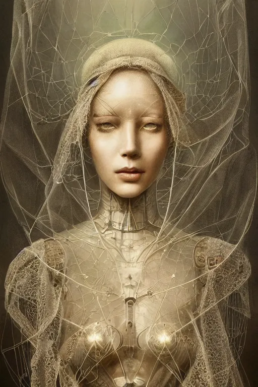 Image similar to a beautiful ultradetailed vintage photo of a veiled cybernetic cyborg, by tom bagshaw and james christensen, embroidered lace chapel veil, portrait, cybernetic implants, vignette, 3 5 mm lens, golden ratio composition, detailed face, studio photography, very detailed, humanoids, mechanical robotic armor, masterpiece!, artstation, 8 k, highly coherent