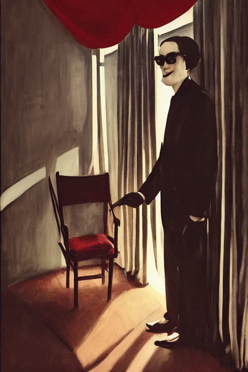 Prompt: portrait of a slender man with short hair and rounded sunglasses, malevolent smile, atmospheric and obscure, under a spotlight, against a red curtain, by gregory crewdson, joaquin sorolla, syd mead, detailed, 5 0 mm