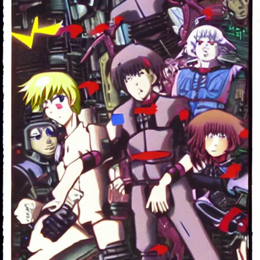 Prompt: old vhs tape of an anime about a group of vampiric robots hunting down humans to use as power sources, nongraphic, cover art