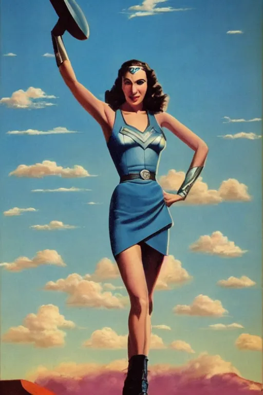 Image similar to full body portrait of gal gadot in the style of bill medcalf, blue sky with a few clouds, retro, 1 9 5 0, 4 k, detailed, 1 / 3 headroom, rule of thirds