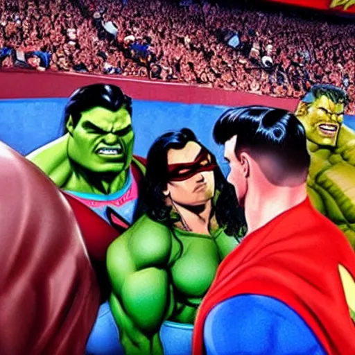 Image similar to supermen and hulk at WWE