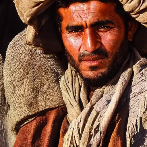 Prompt: Close up of a Kurdish shepherd wearing Kurdish clothes in a movie directed by Christopher Nolan, movie still frame, promotional image, imax 70 mm footage