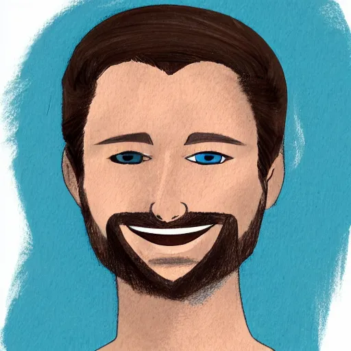 Image similar to sketch of a caucasian face, medium long brown hair, bad skin, short beard, skinny, blue eyes, smiling, ultrarealistic