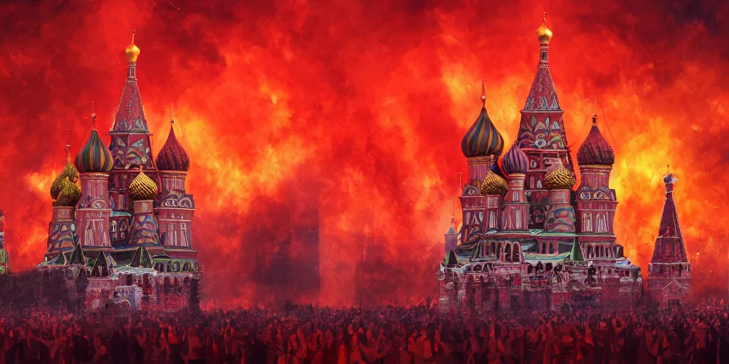 Prompt: beautiful image of burning Red Square in Moscow with fire, saturated, detailed lighting, high quality, sharp focus, intricate, digital painting, artstation, 8k