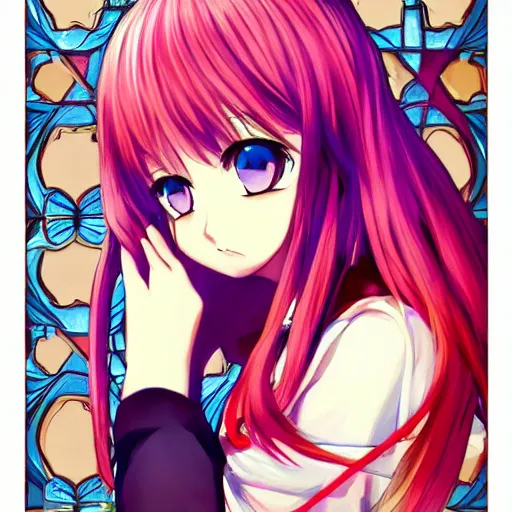 Prompt: anime girl portrait stylized anime artstation trending 4 k church stained glass painting mosaic strong colors highly detailed digital painting smooth sharp lines