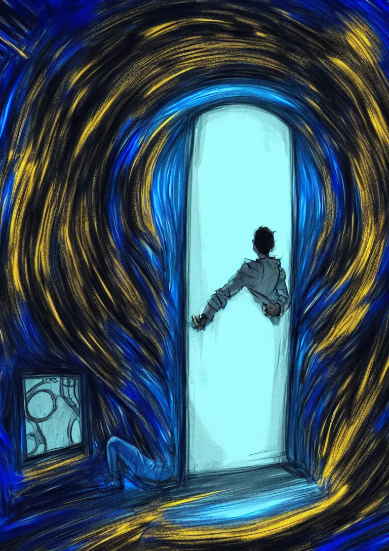 Image similar to The portal into his imagination. High concept art. Introspective. Blue black gold themed.